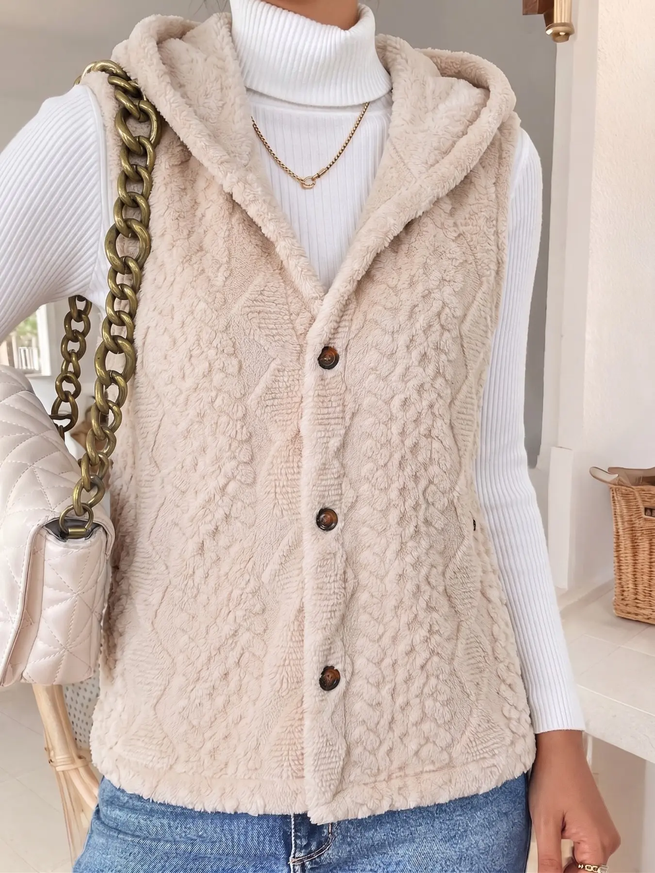 Women's Hooded Button Front Fleece Sleeveless Vest, Y2K Casual Clothes Women, Warm Textured Teddy Outerwear, Fashion Waistcoat for Streetwear, Shopping & Daily Outfit, 2026 Trendy Cozy Plush Hooded Gilet