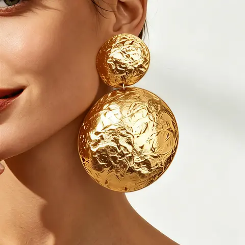 Elegant Dangle Earrings for Women, Geometric Round Double Layer Textured Metal, Bold Personality Style, Perfect for Daily Wear & Events