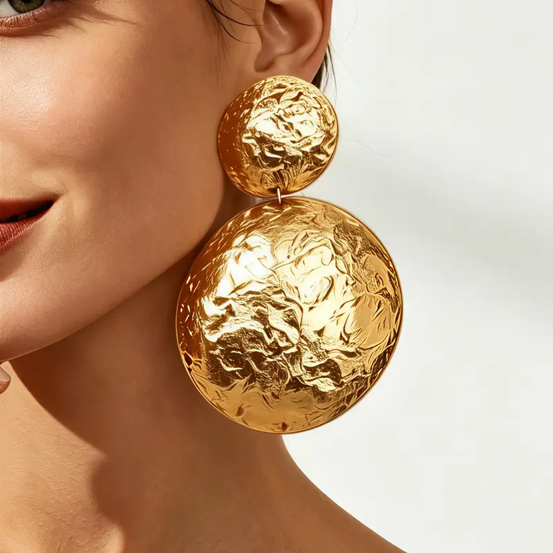 Elegant Dangle Earrings for Women, Geometric Round Double Layer Textured Metal, Bold Personality Style, Perfect for Daily Wear & Events