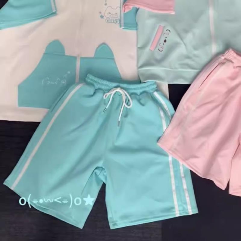 Hatsune Miku Hooded Short Sleeve Tracksuit Cat Ears Cartoon Hatsune Miku Drawstring Shorts Girls Holiday Gifts Casual Fashion