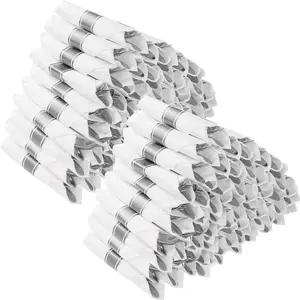 100 Pack Pre Rolled Silver Plastic Silverware, Wrapped Plastic Cutlery Set with Napkin Includes 100 Forks, 100 Knives, 100 Spoons and 100 Napkins, Disposable Silverware for Party Wedding