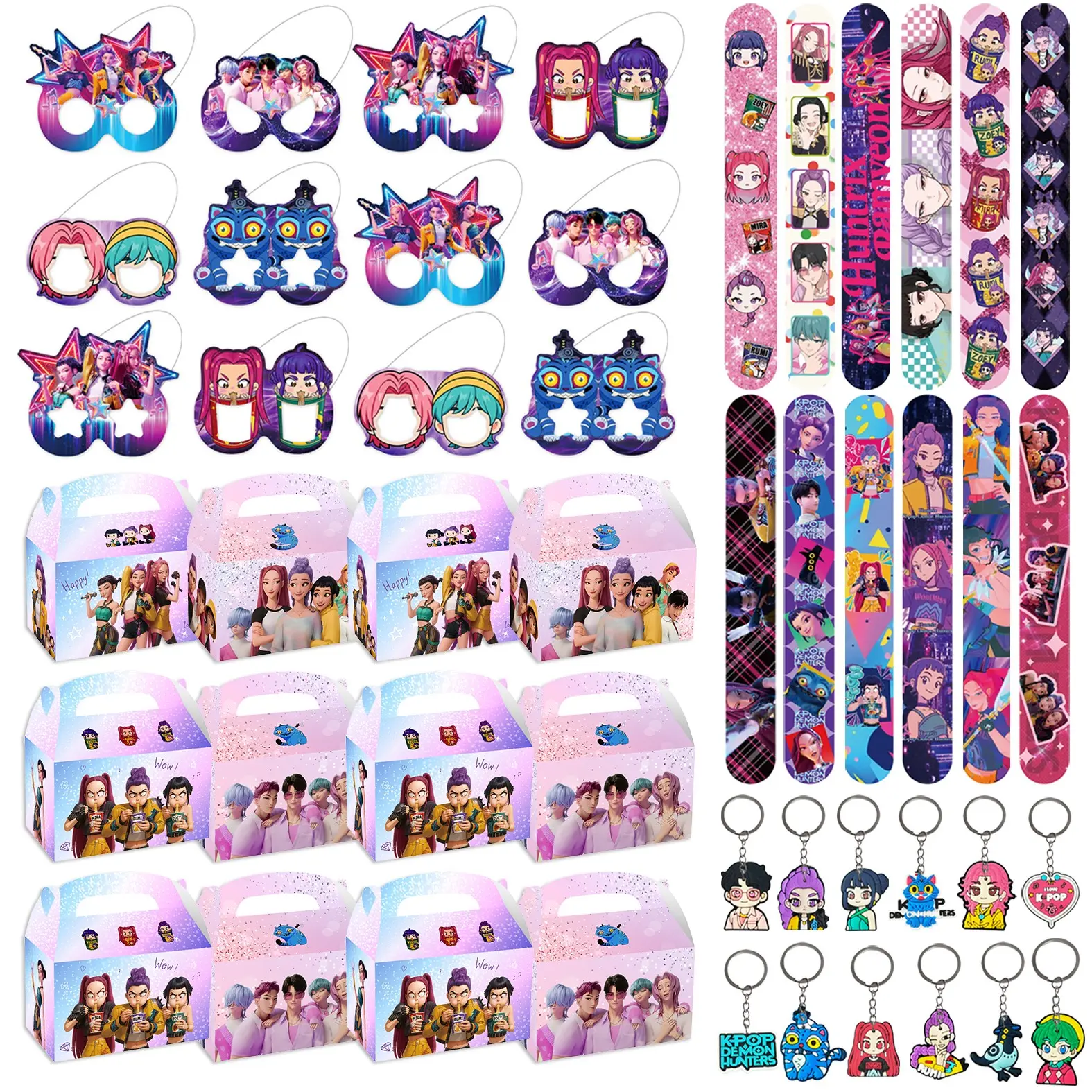Korean cartoon girl group party quirky atmosphere gift set of 4 pieces, includes 12 bracelets, 12 keychains, 12 gift tote boxes, 12 styles of party glasses, fancy frames with accessories, adds highlights for party photos