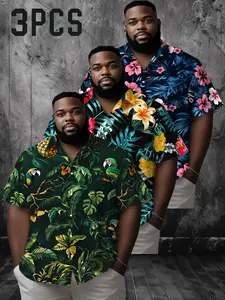 Plus Size Men's Hawaiian Short Sleeve Shirt, Floral Print, 3-Piece Set, Summer Casual Vacation Top, Comfortable and Stylish
