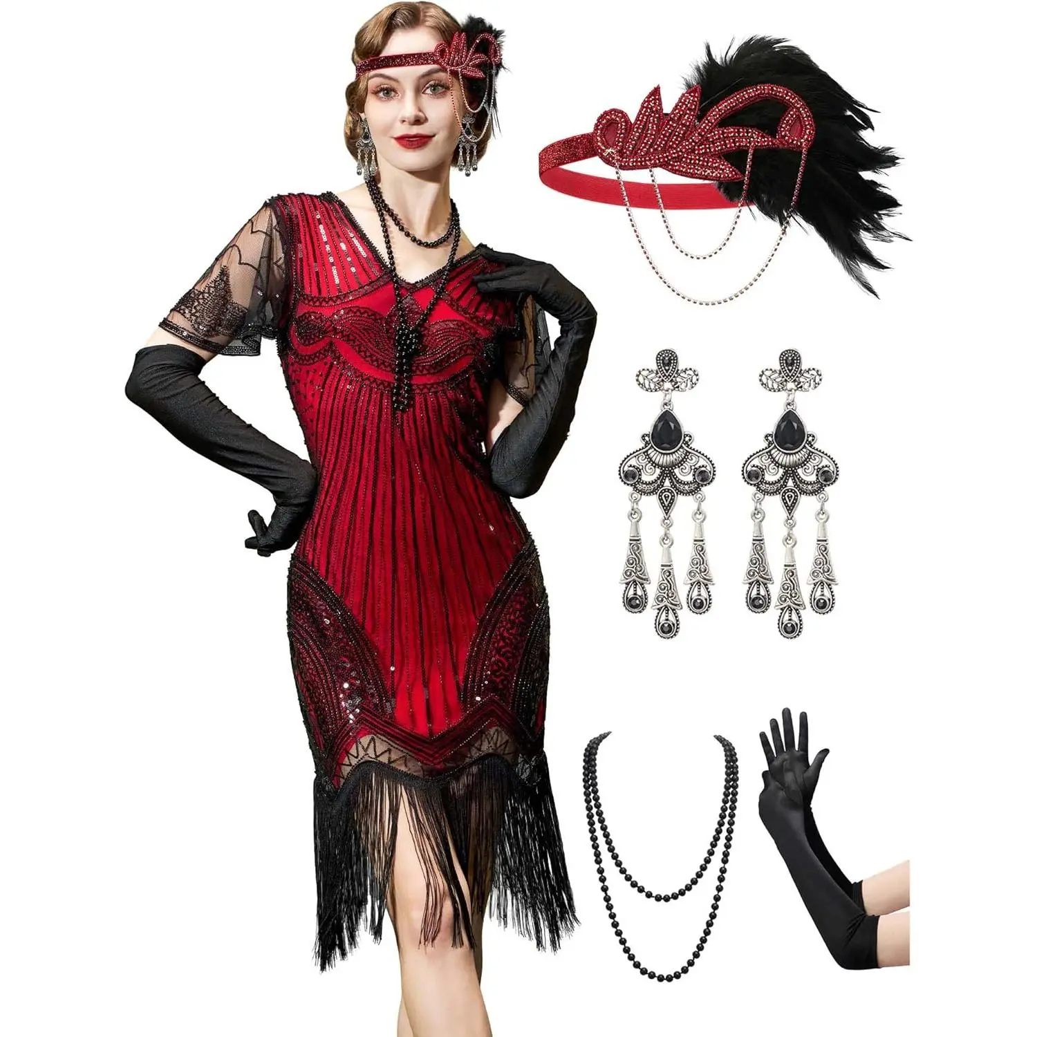 1920s Flapper Dresses for Women,Sheer Beaded Sleeves   Dresses Roaring 20s Dresses Costumes with Accessories