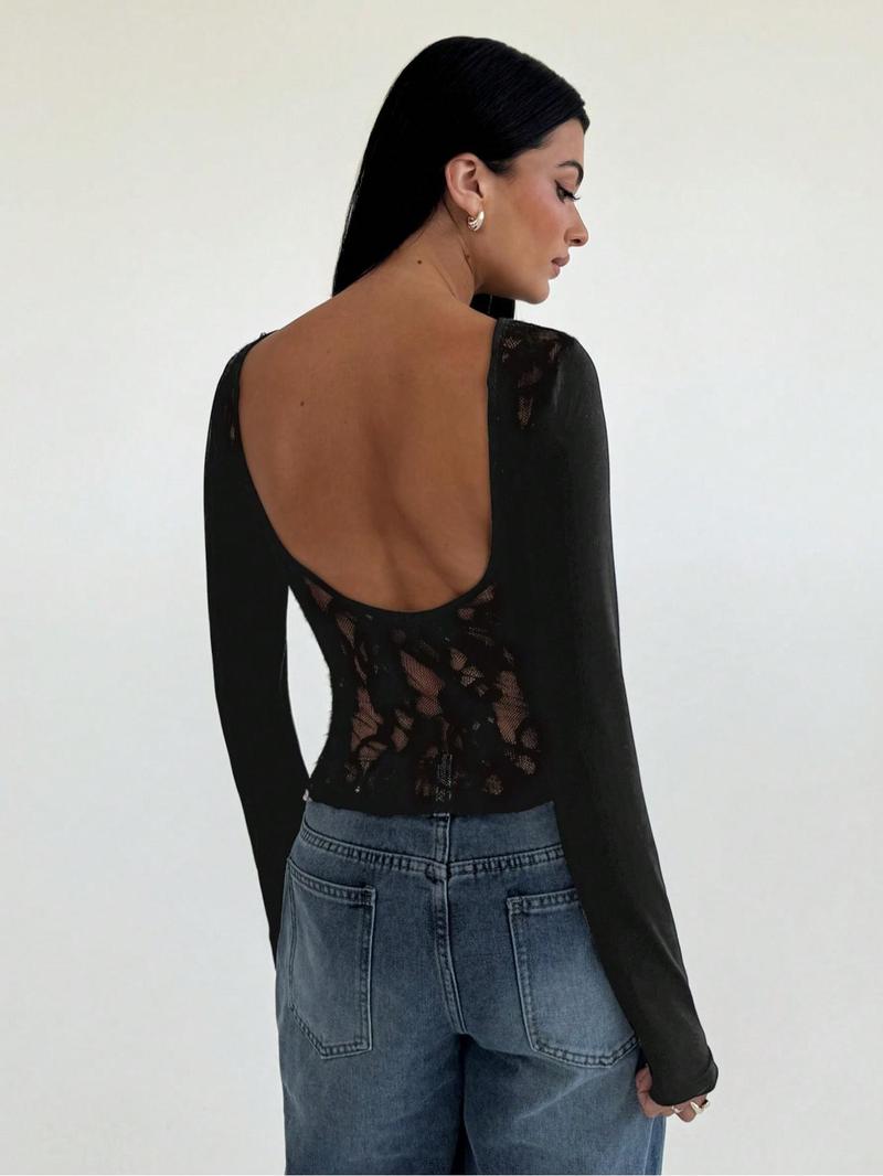 Women's Plain Contrast Lace Backless Tee, Elegant Fashion Casual Long Sleeve T-shirt for Daily Outdoor Wear, Ladies Clothes for Spring & Fall