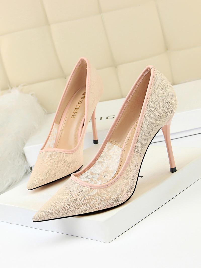 Women's Mesh Hollow Design with Contrast Lace Pointed Toe Stiletto Heeled, Stylish Elegant High Heeled Dress Formal Shoes for Party, Perfect Footwear for Outfit Matching, Wedding Party Shoes