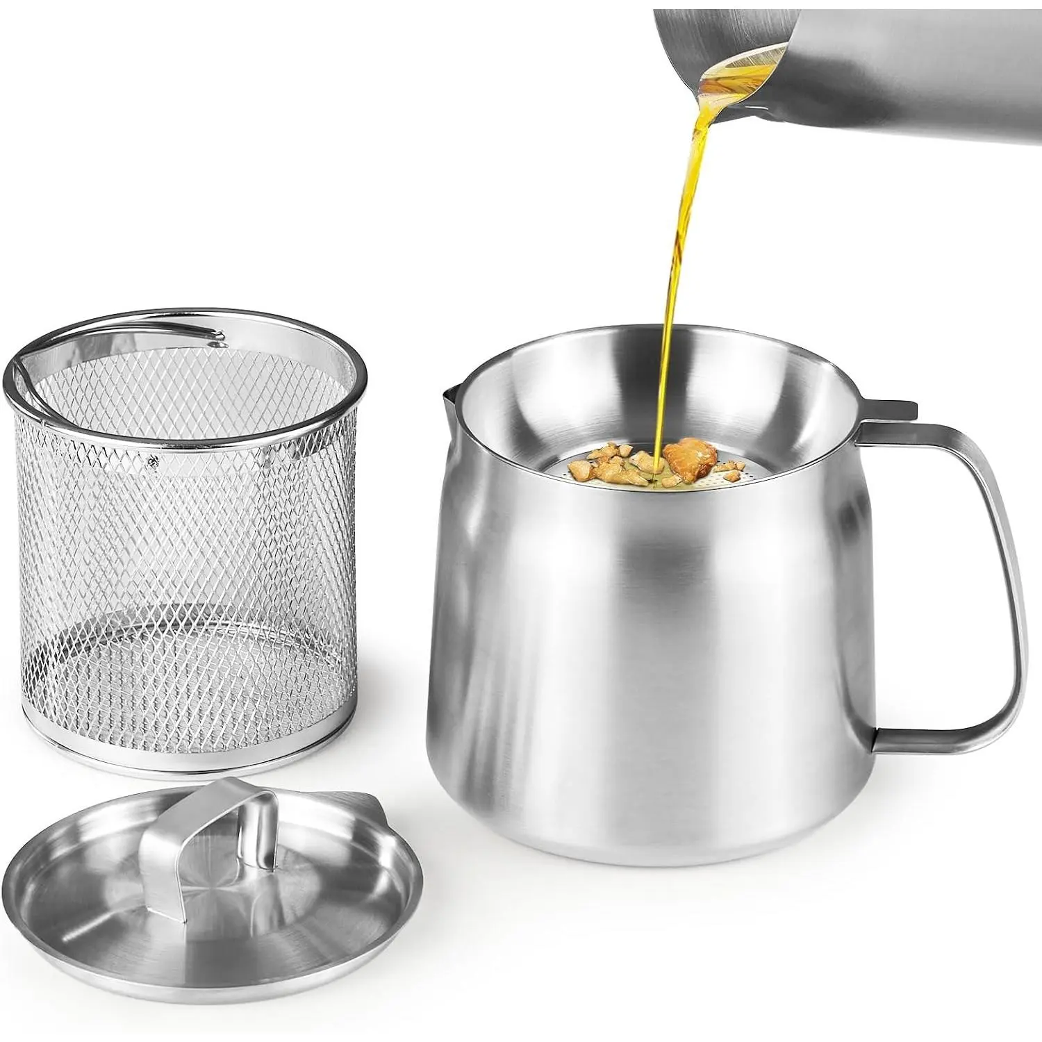 Bacon Grease Container with Strainer, 304 Stainless Steel Grease Container for Kitchen with Dust-proof Lid & Basket, Dishwasher Safe 50oz/1.5L Cooking Oil Container