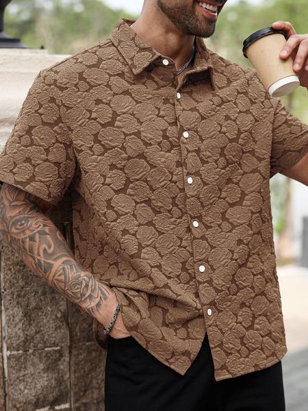 Men's Casual Short Sleeve Shirt with Rose Pattern, Casual Party Shirt, Retro Luxe Textured Coffee Shirt for All Seasons, Great Gift for Boyfriends