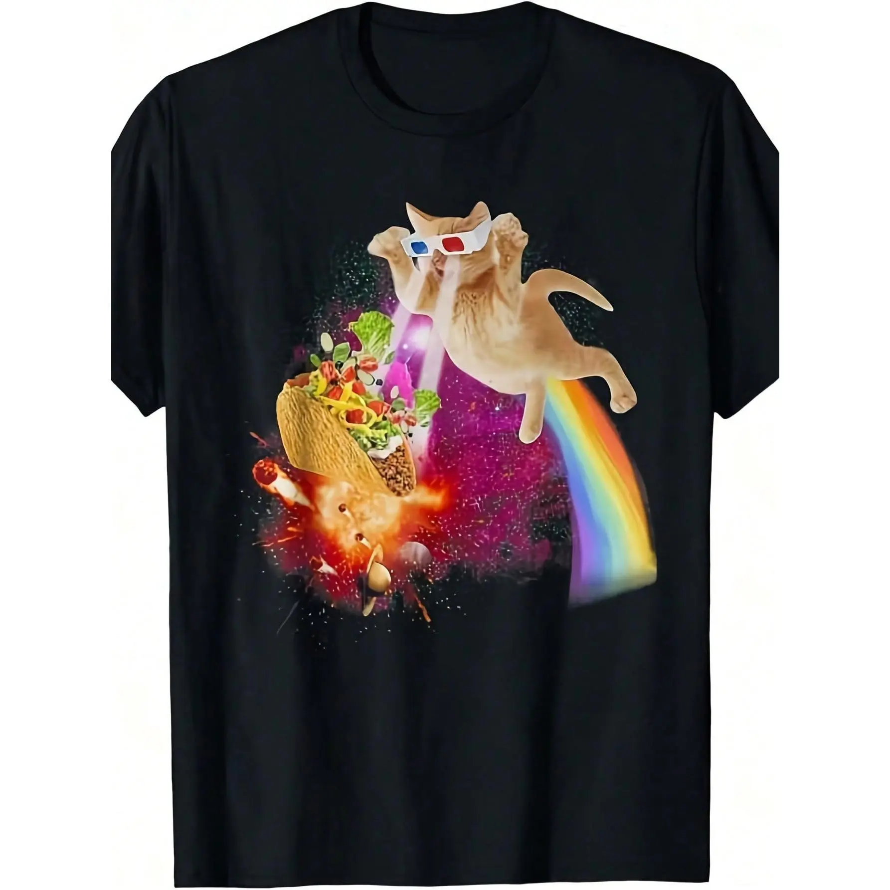 Men's Space Cat Laser Taco Galaxy Kitten Rainbow Print Cotton Short-Sleeve T-Shirt - Thick, Classic, Relaxed Fit, Lightweight, Breathable Quick-Drying, Round Neck, Simple Versatile Leisure Top