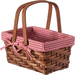 Small rectangular wood chip picnic basket, equipped with double folding handles, hand-woven from natural materials, lined with red and white checkered fabric, perfect as a gift