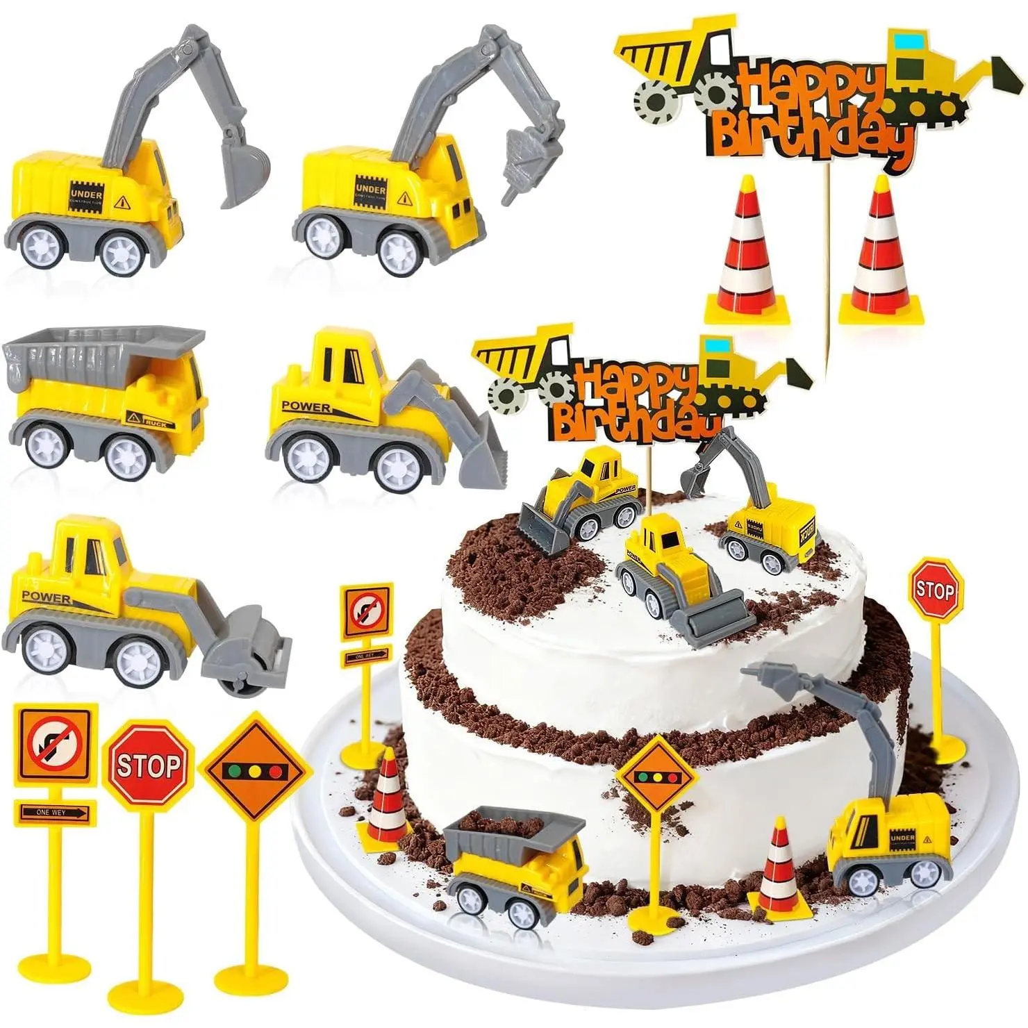 11 PCS Mini Construction Birthday Cake Toppers Decoration Small Construction Trucks Cake Decorations for Engineering Transportation Theme Birthday Party Supplies Cake Deco