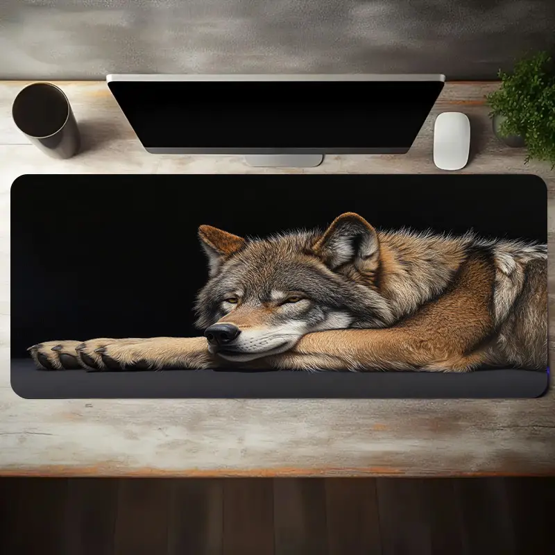 Gaming Mouse Pad, Realistic Lying Wolf Fine Fur Pattern, Non-Slip, Rubber Office Desk Accessory, PC Decor Accessory Desktop