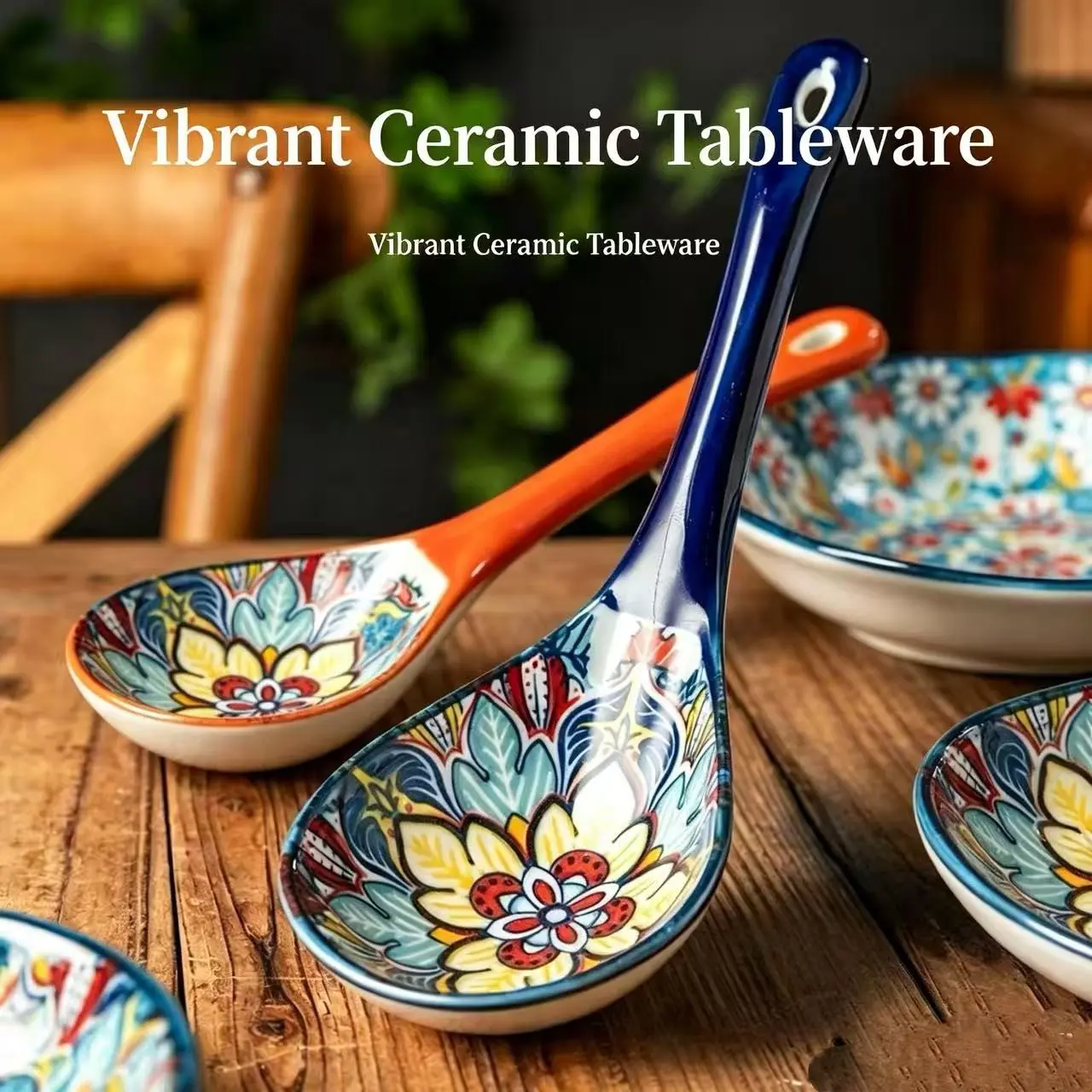 Bohemian Ceramic Soup Spoon Set, Large Capacity Long Handle Ladle, Ideal for Serving Soups and Rice, 2 Pcs Home Kitchen Utensils