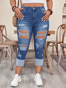 Plus Size High Waist Ripped Denim Seven-Quarter Pants, Rolled Hem Edge Jeans for Plus Size Women, Casual Style All Seasons, Bottoms