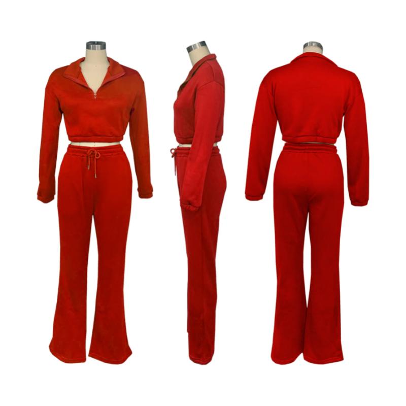 Women's Two-piece Zipper Half Collar Waist Cinched Fleece Sweatshirt Tied Rope Pants Set 2026 Autumn Slim Fit Tracksuit Set Crop Tops Flare Pants Set Fit  Tracksuit Set Drawstring Flare  Set Lounge Set with Flare Leggings Lounge Set with Bell Bottoms