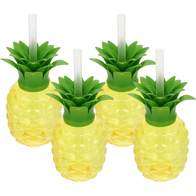4 pcs pineapple-shaped plastic cup with lid and straw accompanying cup, summer cold drink cup, Portable drinkware, outdoor party supplies (only cold drinks can be installed)