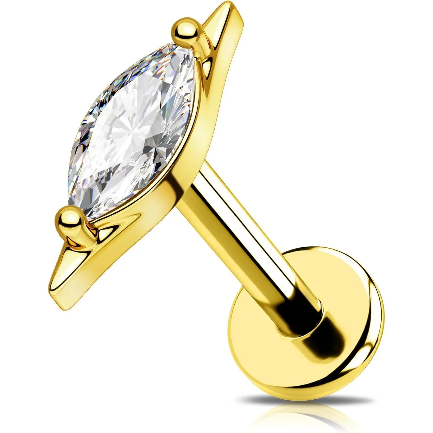 G23 Titanium Threadless Flat  Stud, Marquise CZ Cartilage Earring, 18G Minimalist Helix Tragus Flat   for  Ears, 6mm