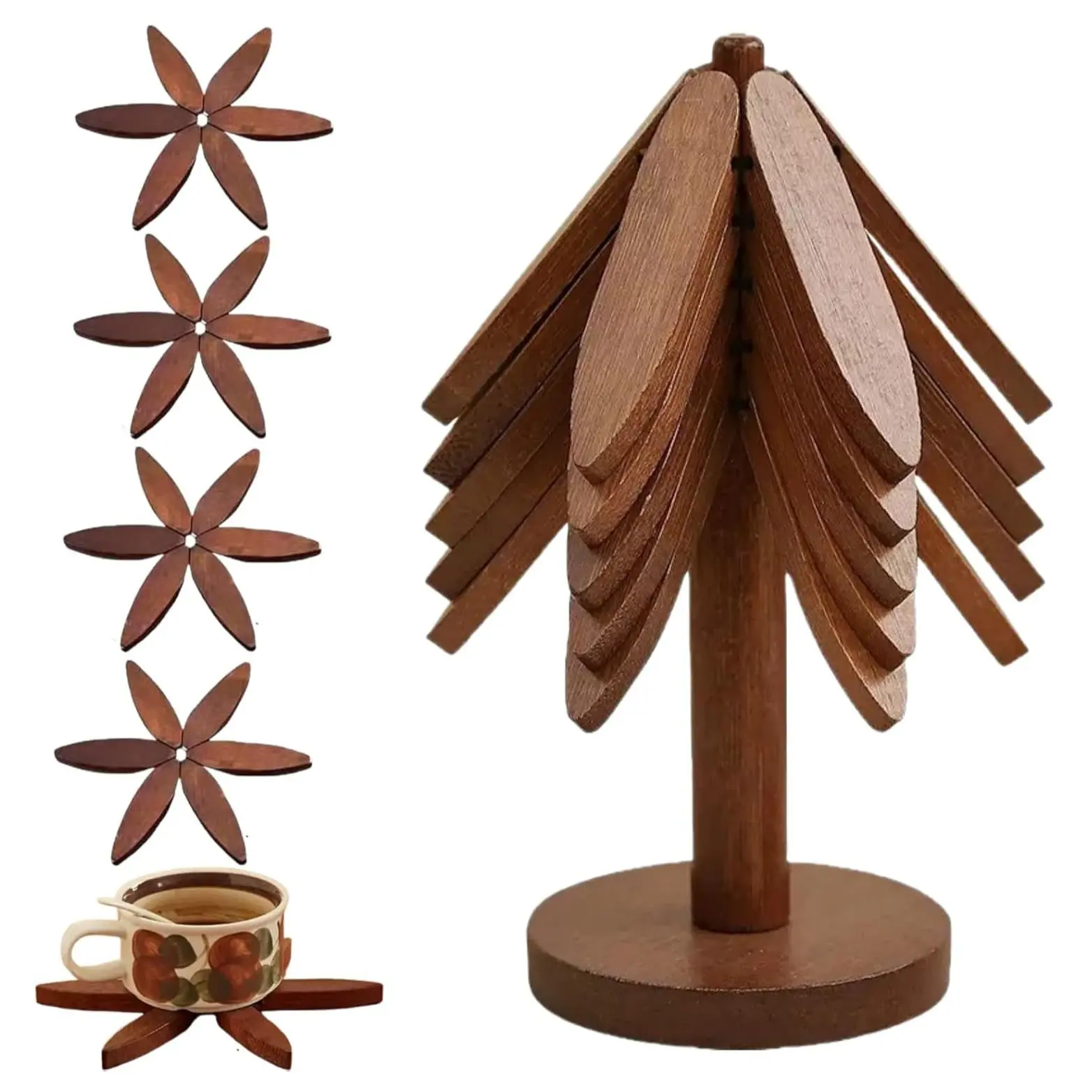 Wooden Insulating Pads, Wooden Heat-Resistant Coasters, Tree-Shaped Wooden Coasters, Tree-Shaped Coaster Set, Foldable Wooden Placemats, Includes 5 Coasters and 1 Stand, Suitable for Hot Pots, Bowls, and Teapots, Kitchen Decor.