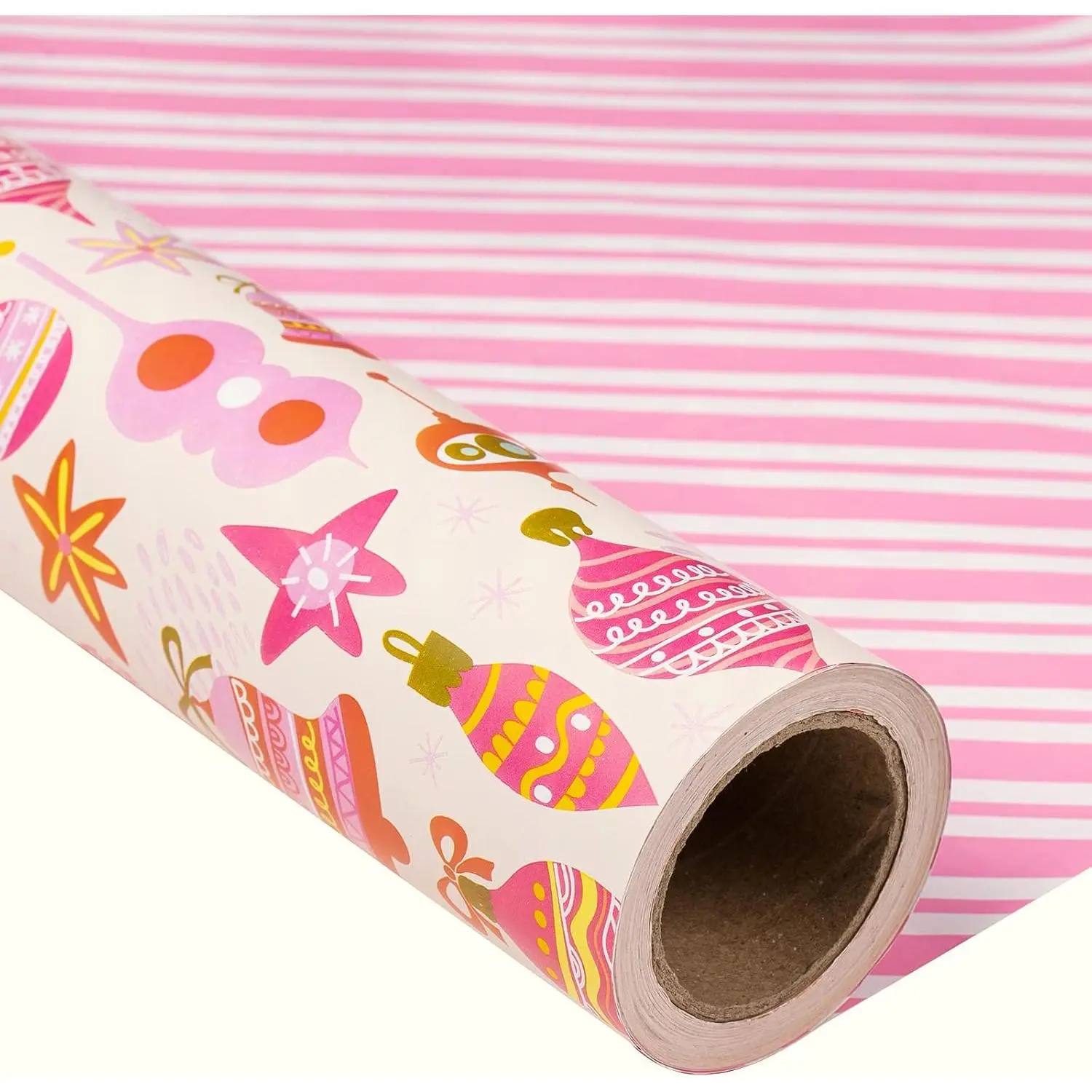 Christmas Reversible Wrapping Paper Roll - 17 Inch X 32.8  - Retro  Christmas Ornaments and Diagonal Stripes Design  Wrap Paper for Christmas, Holiday,  Year  Shower