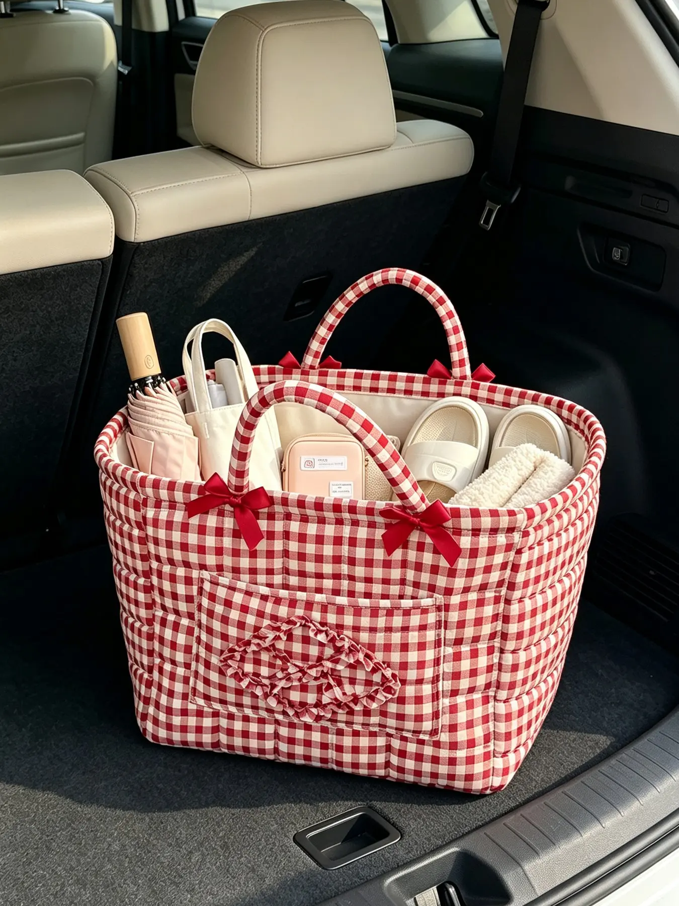 Red and White Checkered Quilted Summer Tote Bag with Bow and Ruffle Heart, Large Capacity Casual Tote Bag Selected by Quantity/Size, Suitable for Picnic, Travel and Daily Use