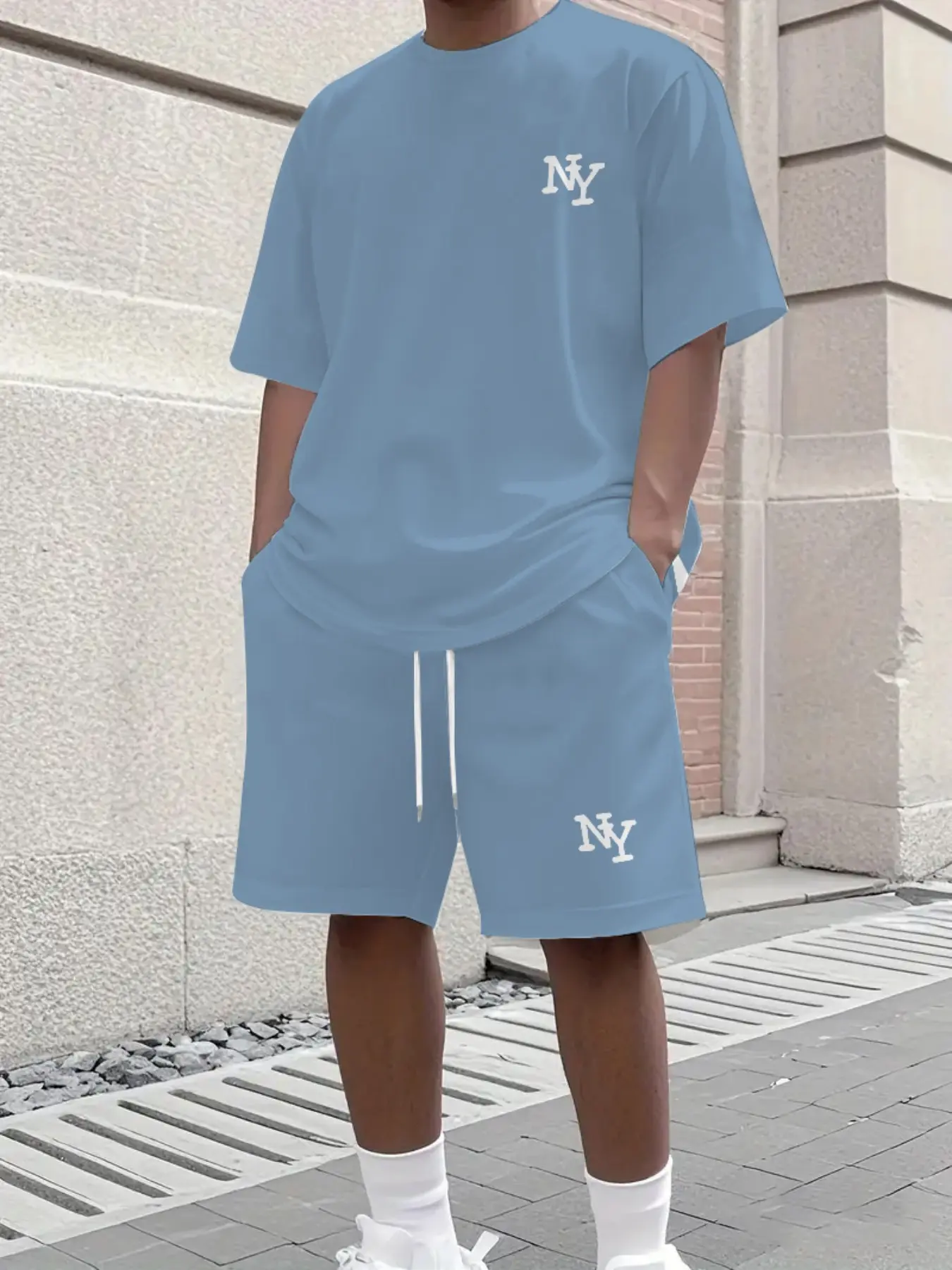 Men's Streetwear Fashion Ny Print Tee and Drawstring Shorts Set, Casual Slim-Fit Short Sleeve Top, All-Season Knee-Length