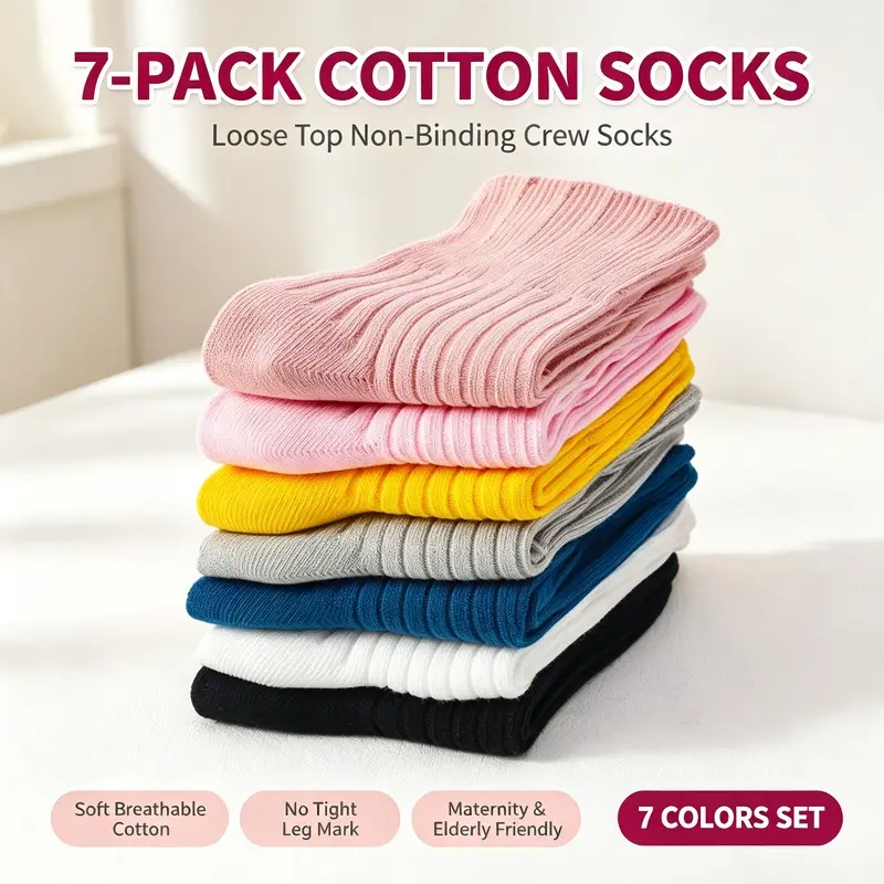 7 Pairs Women Loose Non-Binding Top Cotton Crew Socks, Soft Wide Cuff Mid Calf Socks, Breathable Sweat Wicking Casual Socks for Maternity, Elderly, All Seasons