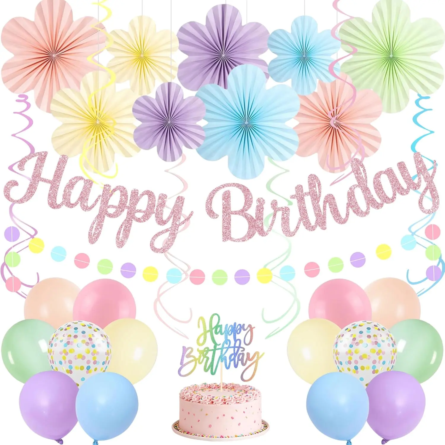 Roetyce Floral Birthday Decorations for Women Girls, Rainbow Macaron Happy Birthday Banner Flower Paper Fans Balloons Hanging Swirls Cake Topper Dot Garland, Cute Pastel Bday Party Supplies Kit