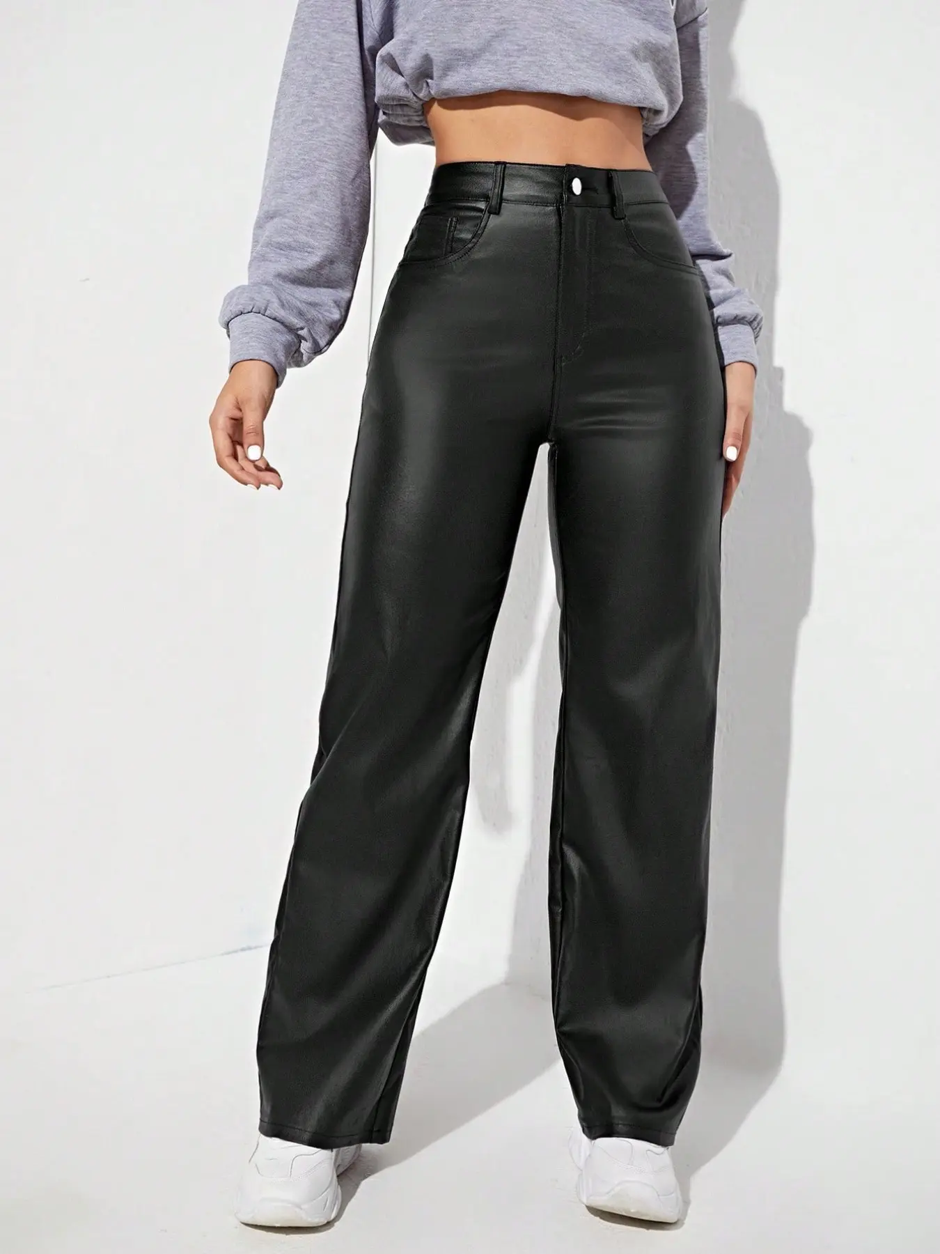Women's Fall Winter Fashion Leather Pants, Slimming Casual High Waist Flowy Straight Leg Wide Leg Pants, Versatile and Stylish