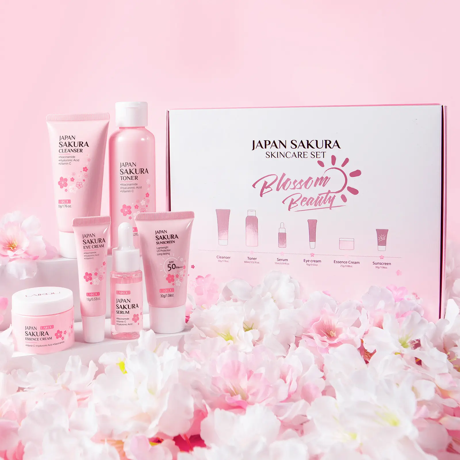 Cherry Blossom Skincare Six-Piece Set, Cleansing & Care Kit, Complete Facial Routine, Gentle Formula, Ideal for Daily Use