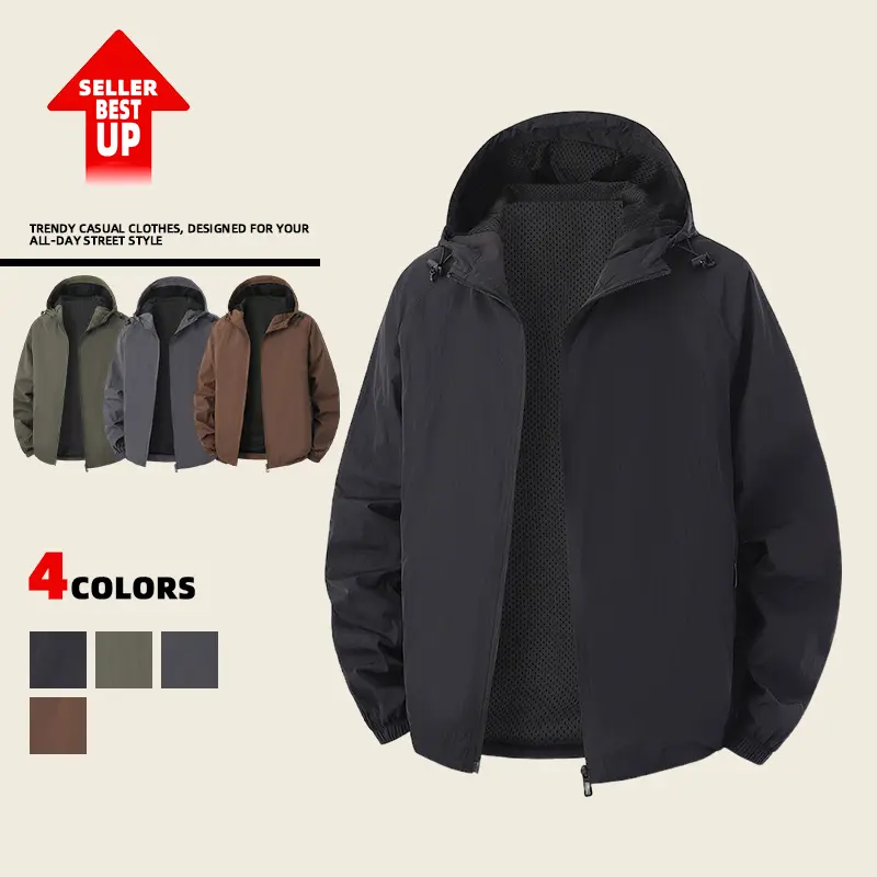 Men's solid-colored hooded jacket with adjustable drawstring hood, breathable mesh lining, raglan sleeves, cuffed wrists, windproof, basic outdoor jacket for commuting, available in multiple colors