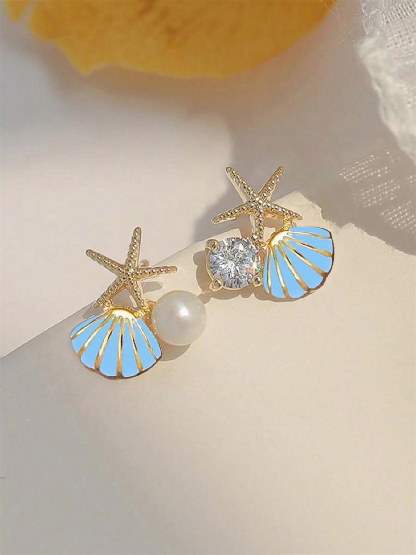 Faux Pearl Decor Shell & Starfish Design Stud Earrings, Elegant Stud Earrings for Women & Girls, Trendy All-match & Exquisite Jewelry for Birthday Gift, Ear Studs