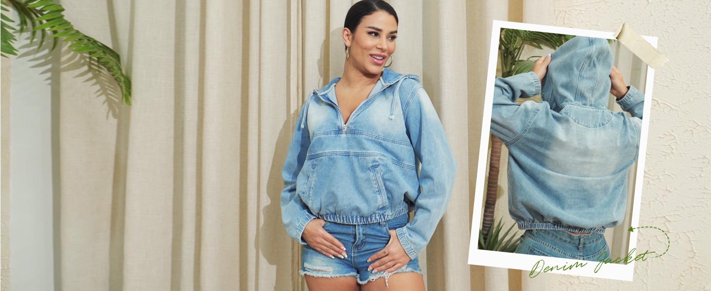 2026 Women's Half Zip Denim Hoodie Pullover Jackets Jean Tops