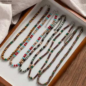 Male Boho Wood Bead Necklaces - Tiger Eye Turquoise Stone Chain & Link, Ethnic Vintage Tribal Jewelry, Sports & Outdoor Daily Casual Accessory