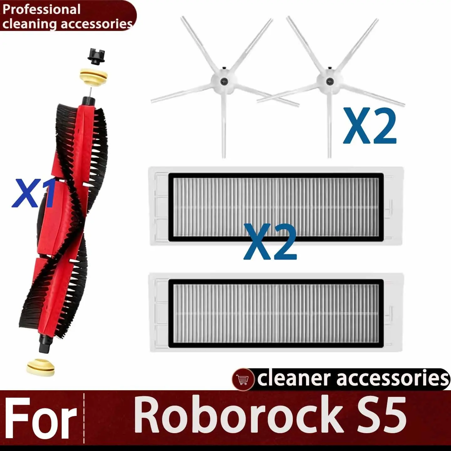 Roborock S5/s50/s51/s55/s6/s60/s6 Pure Vacuum Parts Kit, Includes Main Brush, 2 Filters, 2 Side Brushes, Hepa Filter Replacement