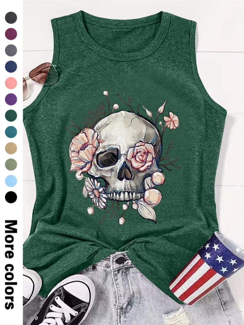 Women's Halloween Floral & Skull Print Round Neck Tank Top, Casual Sleeveless Crew Neck Top for Summer, Ladies Clothes for Daily Wear