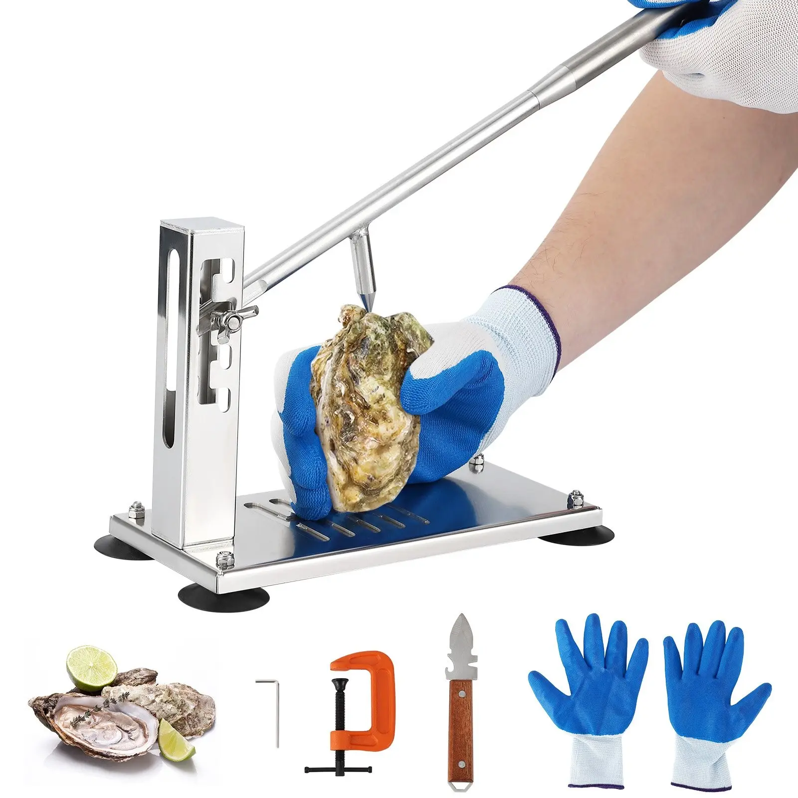 Stainless Steel Oyster Shucker Machine, 4-Level Adjustable Height Shucking Tool with G-Clamp And Cut Resistant Gloves, Safe Seafood Opener Set for Home Kitchen Restaurant
