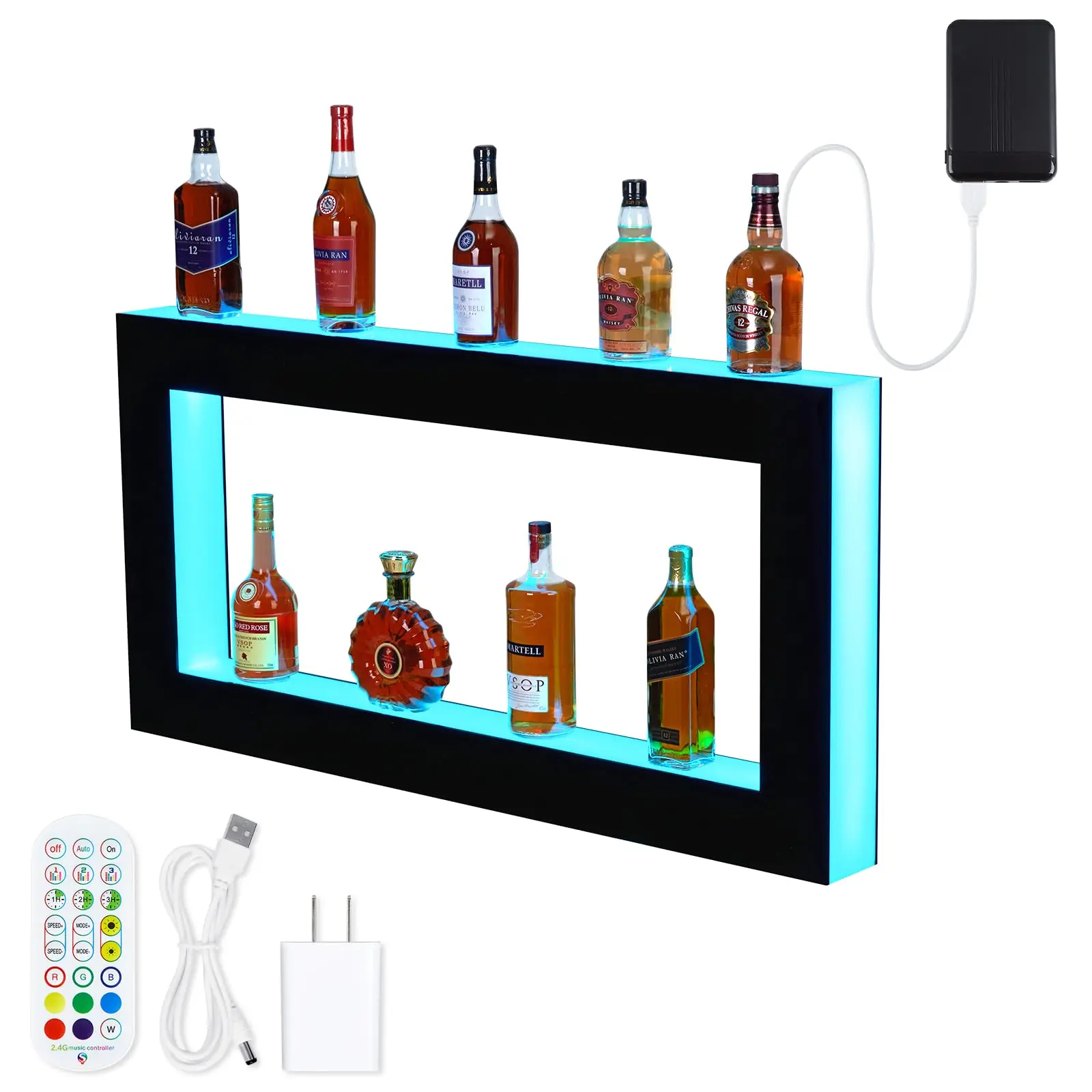 GARVEE Led Lighted Liquor Bottle Display - 2 Tier 48 in Led Bar Display Rack, Remote & App Control, 16 Colors, Wall Mounted Acrylic Shelf, Home/Commercial Bars