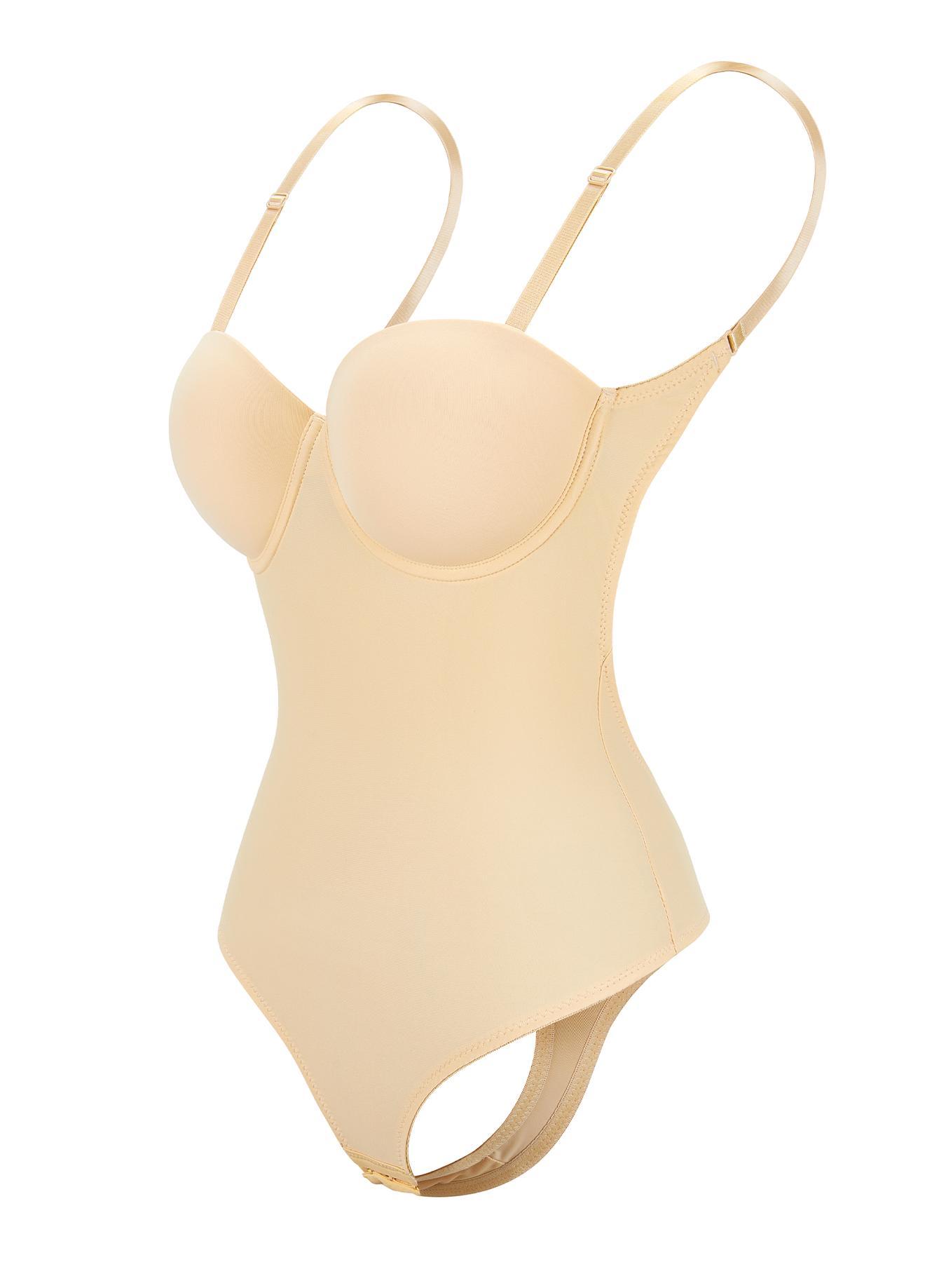 Women's Solid Backless Hook Eye Design Shapewear Bodysuit, Adjustable Strap Hollow Out Padded Bodysuit, Smooth High Stretch Fit Tummy Control Shaper for Daily Wear