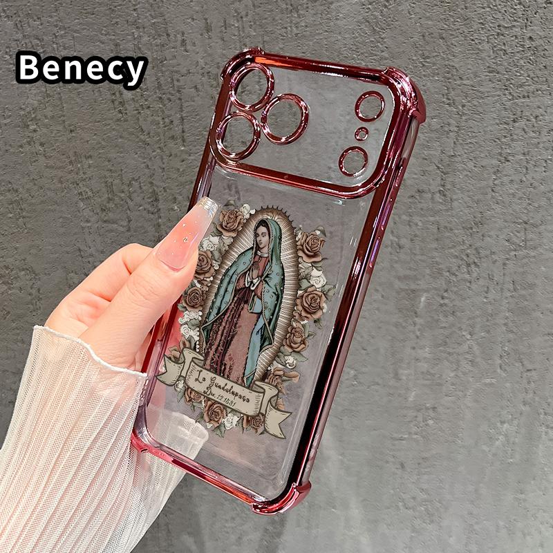 Protective Four Corners Plated Clear Phone case for iPhone 17 Pro Max 16 15 Plus Air 14 13 12 11 E Guardian Angel Patterned Shockproof Transparent Soft Silicone Cover