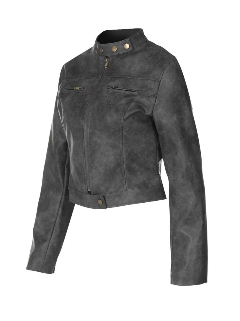 Women's Solid Button Mock Neck Zip Up PU Jacket, Fashion Casual Long Sleeve Outerwear for Daily Outdoor Wear, Women Clothing for Fall & Winter