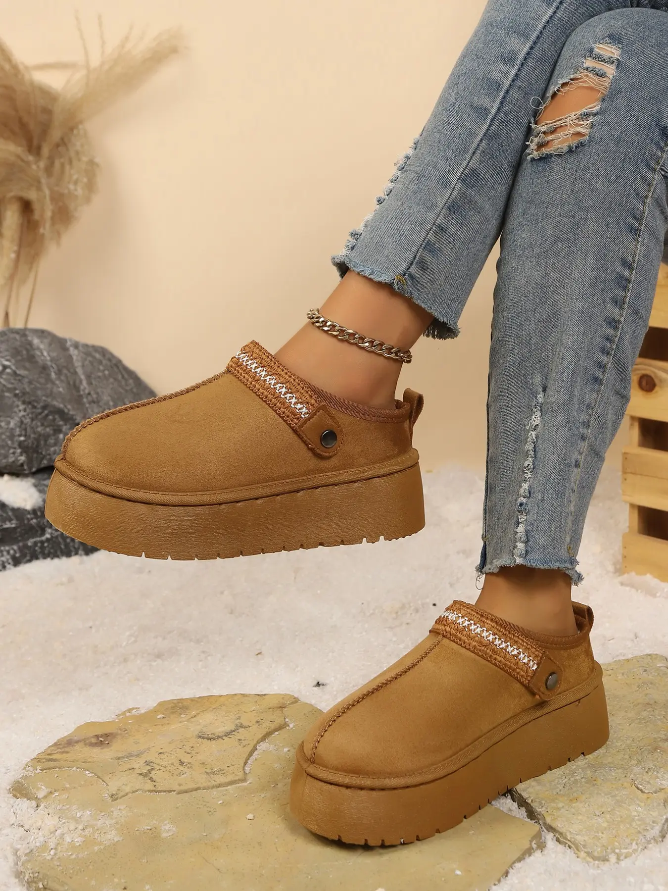 Women's Vintage Chestnut Faux Suede Platform Clogs, Ethnic Embroidery Woven Strap, Slip on Winter Shoes, Fleece Lined Comfort