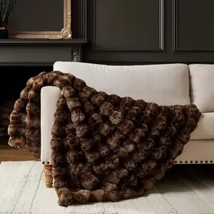 Cheetah Leopard Print Bubble Throw Blanket, Luxury Faux Rabbit Fur Mink Plush Throw for Couch, Sofa and Bed, Soft Fluffy Fuzzy Cozy Blanket for Women, 50x60 inches, Chocolate Brown, 950 GSM