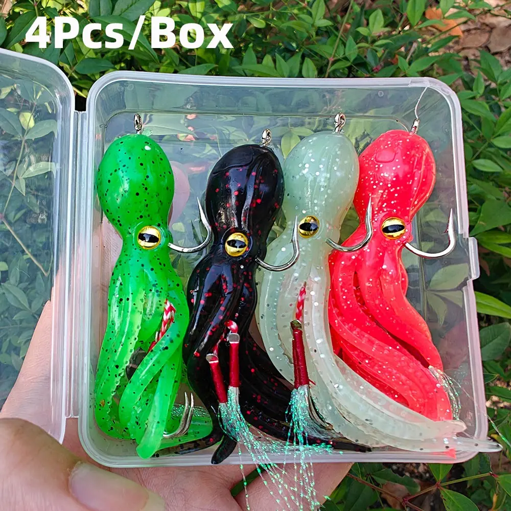 4-Pack Octopus Soft Baits with Hooks, Durable Reusable Sea Fishing Lures, Realistic Swimming Action, Attracts Big Fish, Perfect for Successful Catching
