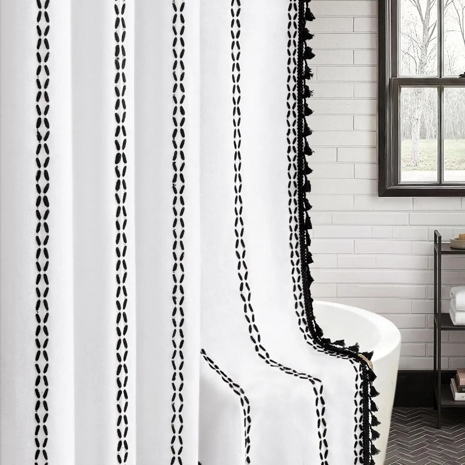 Black and White Boho Farmhouse Linen Striped Fabric Shower Curtain with Tassels, 72" X 72"