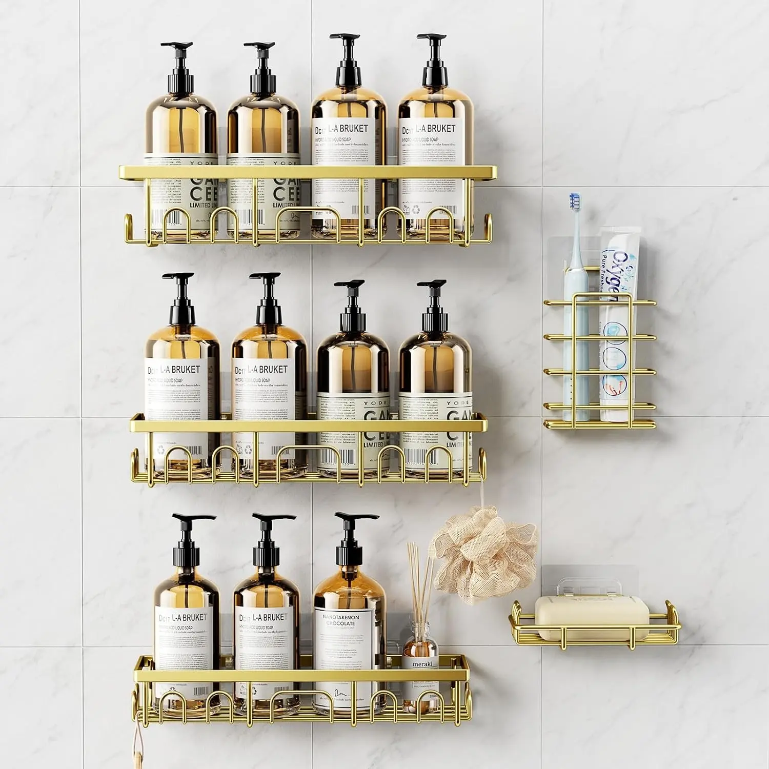 Shower Caddy, 5 Pack Shower Shelves for Inside Bathroom, Rustproof Adhesive Bathroom Organizer with Soap Holder, No Drilling Washroom Organizers and Storage for Bathtub Room/Kitchen/Home, Gold