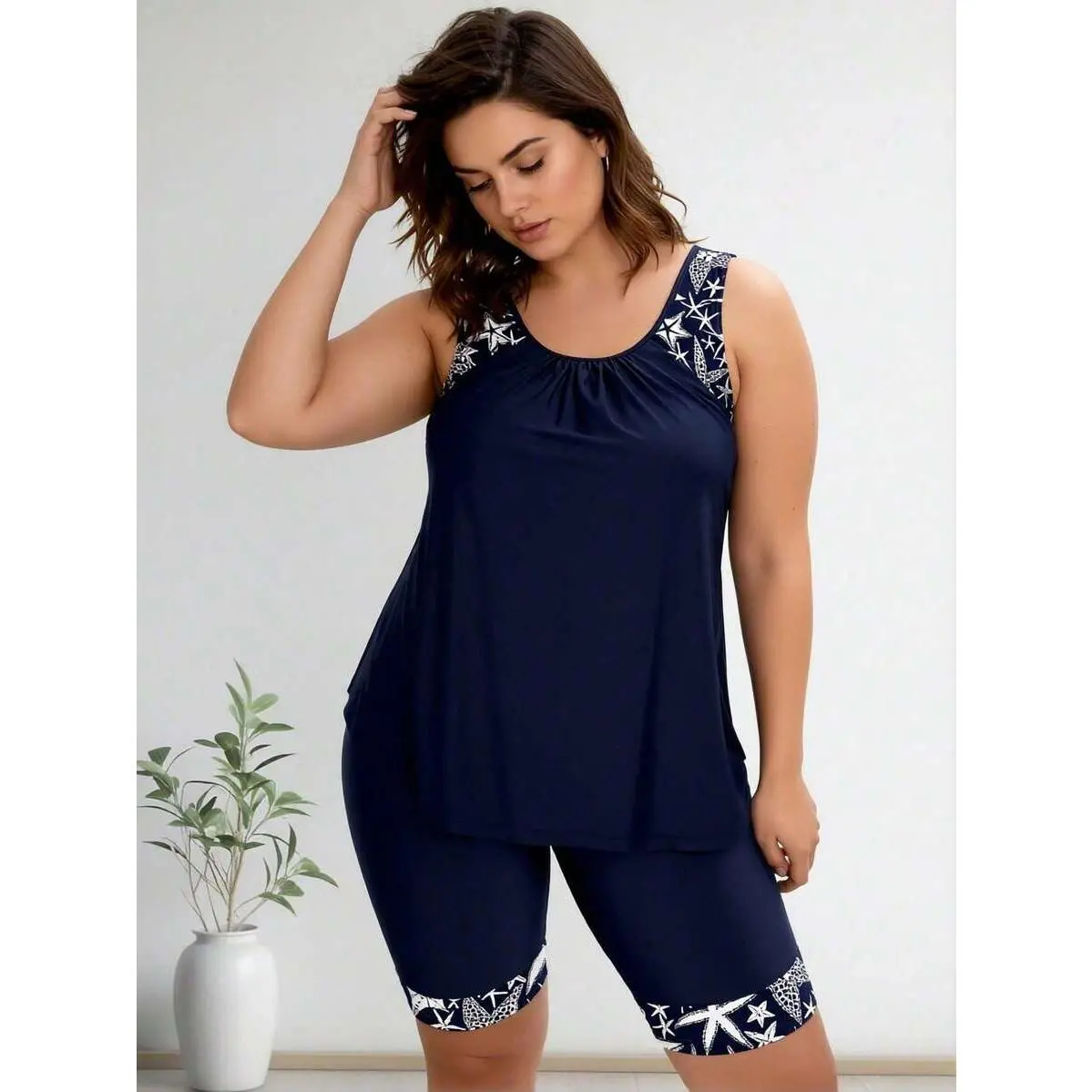 2026 New Plus Size Swimsuit Women's Navy Blue Starfish Print Loose Tankini + Capri Set For Beach Vacation, Comfort & Modest Fit
