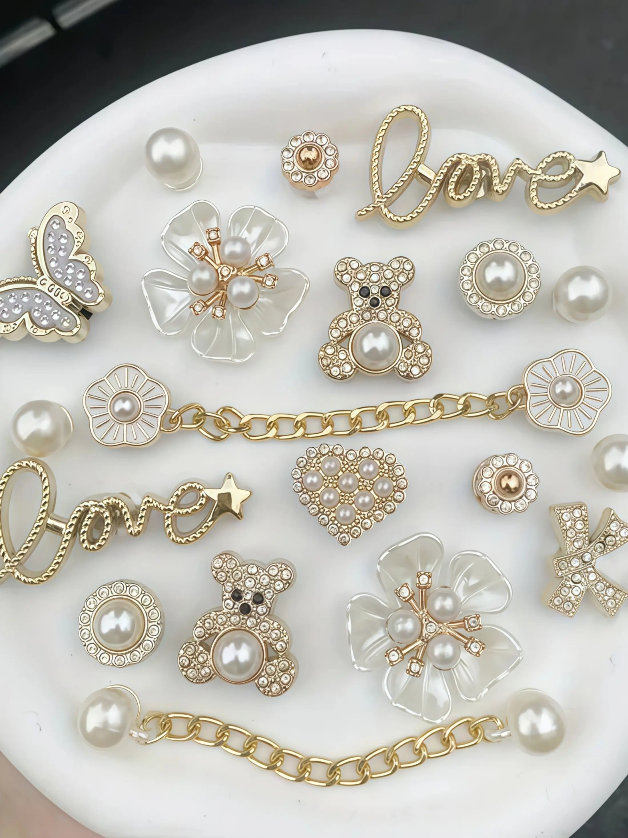 19-Piece Rhinestone Bear Shoe Decor Set, Butterfly Dollar Heart Chain, DIY Flip Flop Beach Bag Accessories, Detachable Gift Set
