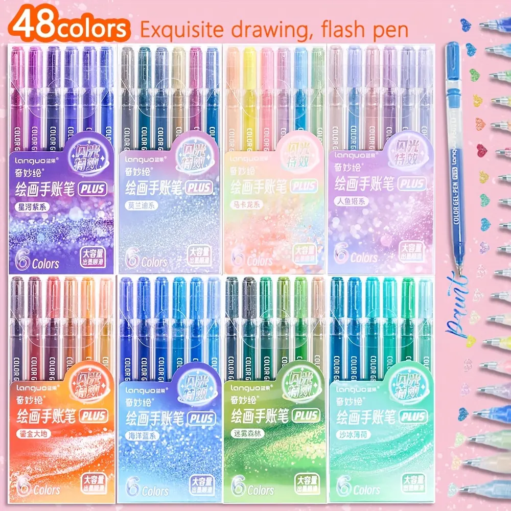 LANGUO 48PCS Artistic Glitter Ink Pens, 1.0mm Tip, Large Capacity Quick-Drying Ink, Office Stationery for Scrapbooking, Hand Drawing, DIY Card Making, Ink Pen