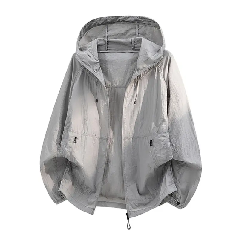 Men's Light Gray Nylon Hooded Sun Protection Windbreaker Top - Menswear Coat, Full-Zip, Drawstring-Adjustable Hood & Hem, Zipper Side Pockets, Loose Oversized Fit, Wrinkle-Resistant, Ultra-Light, Quick-Dry, for Outdoor Travel Day Casual Outfits #SummerWin
