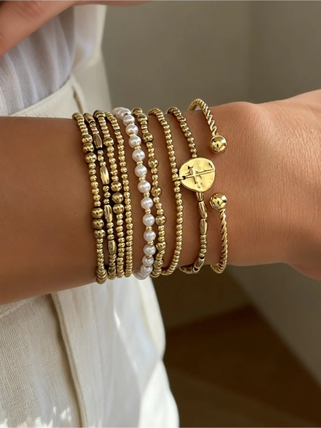 9pcs CCB Faux Pearl Bracelet Set, Cross Multi-Layer Stackable Boho Bracelets, Women's Daily, Vacation, Party Accessory